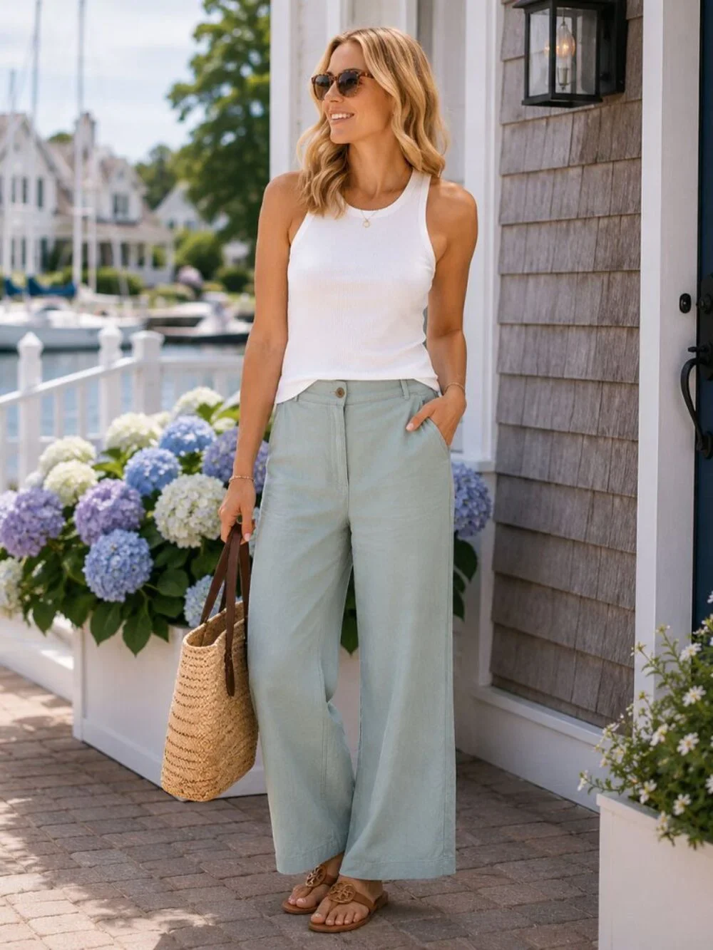 H&M Linen Blend Wide Leg Pants Women’s Medium Sage Green Casual Coastal